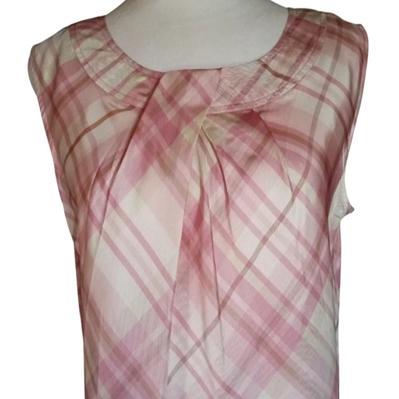 Talbots Pink Cream Plaid Pleat Front Sleeveless Silk Blouse Size Large Petite - Picture 2 of 7